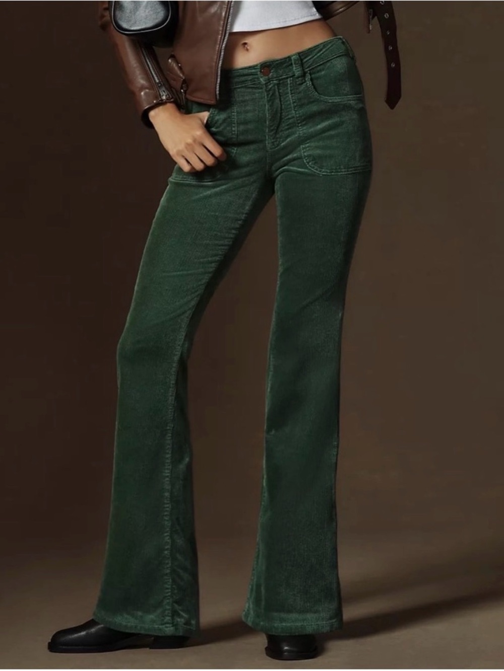 Anthropologie Pilcro The Low-Rise Icon Flare Corduroy Chop Pocket Green Size 25
